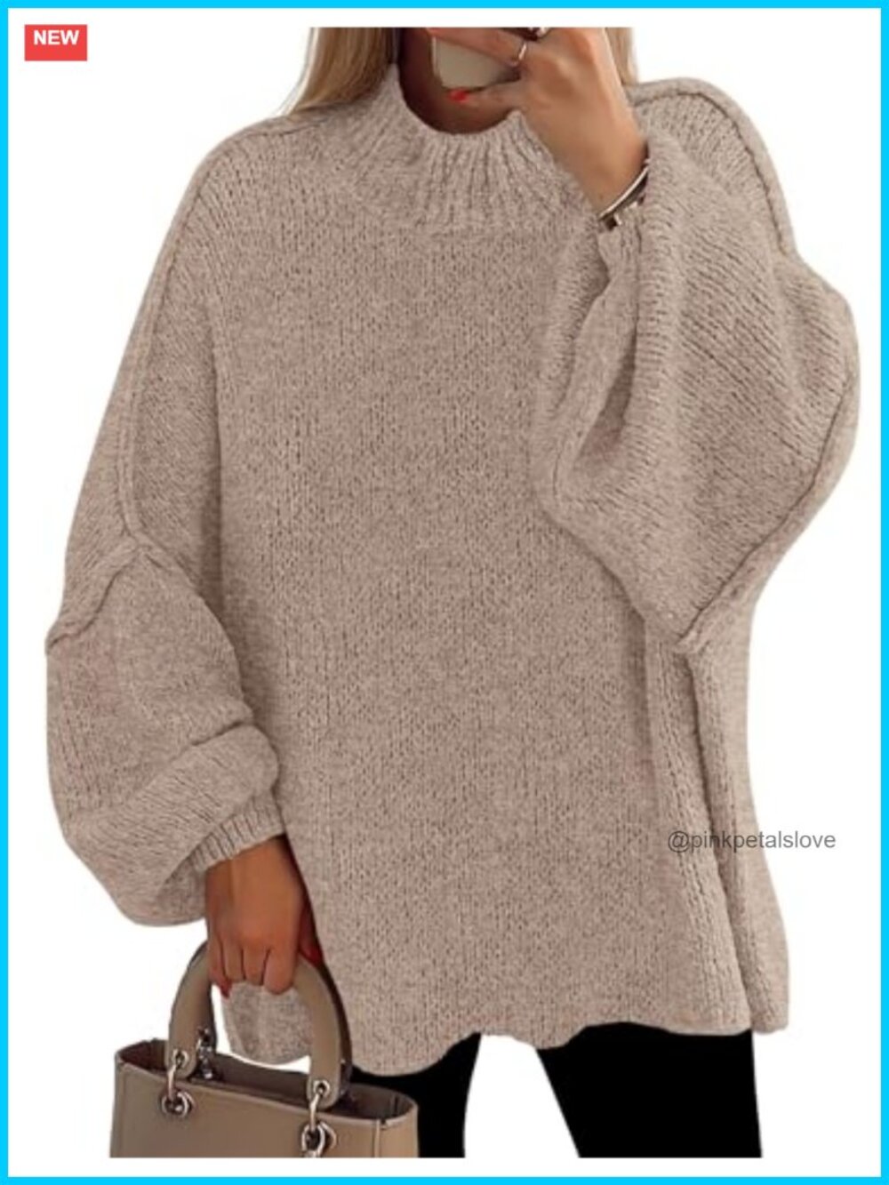 Oversized Chunky Knit Mock Neck Pullover Sweater Drop Shoulder